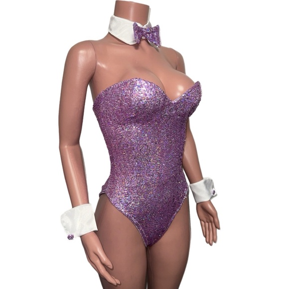 Trashy lingerie purple sequin playboy bunny costume teddy bodysuits set S new - Picture 5 of 8